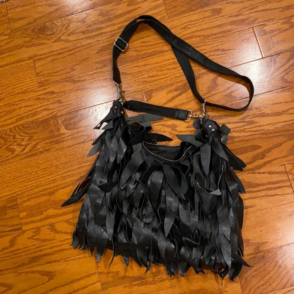 Black Faux Leather Fringe Bag